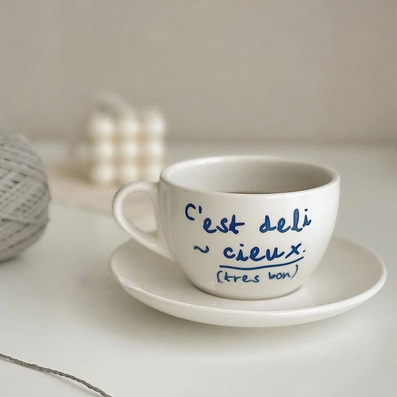 

Korean style Blue Letter Ceramic Coffee Cup Afternoon Ceramic Mug CeramicTea Cup Dish Milk Tea Latte Cup Coffee