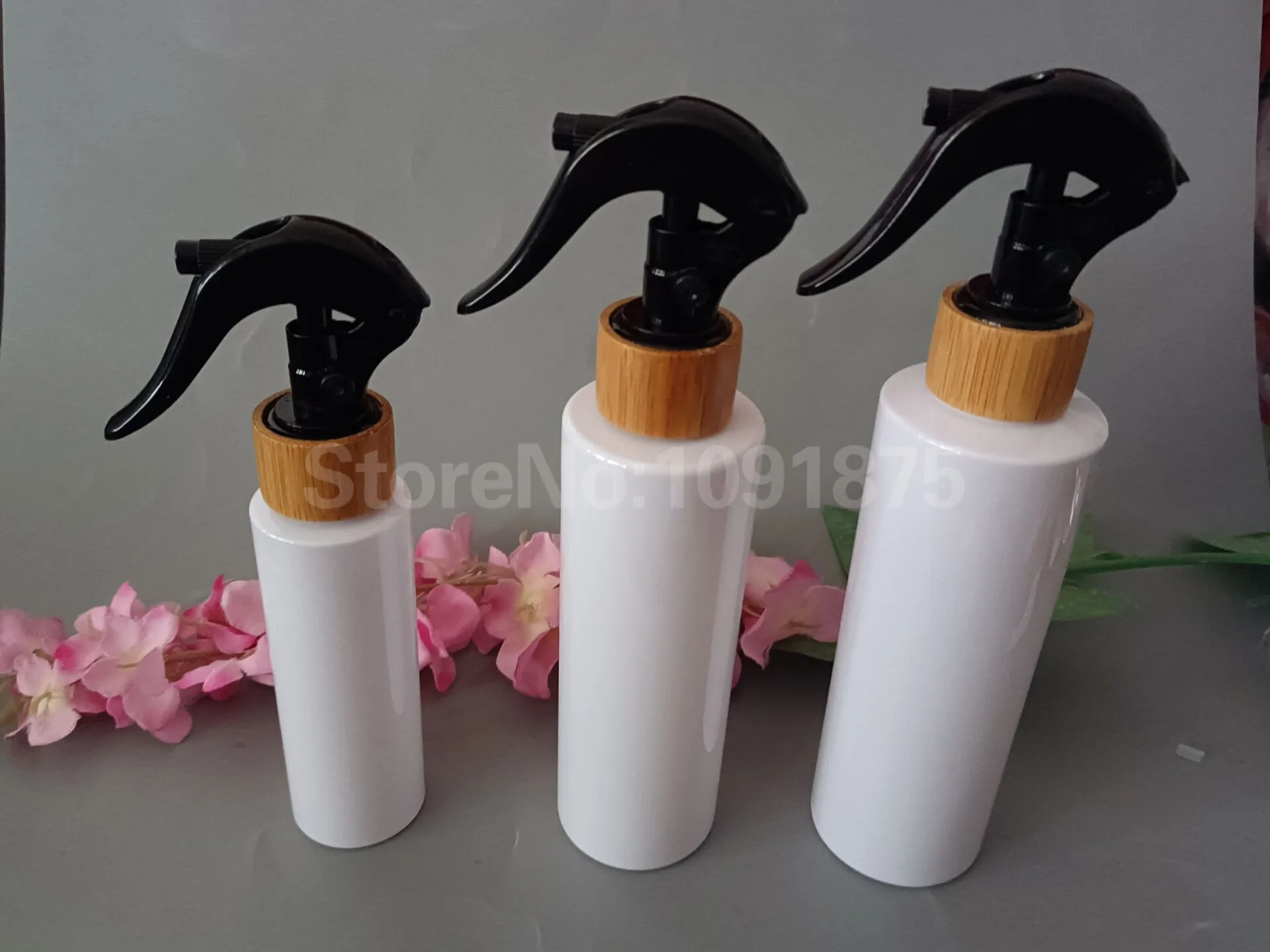

10pcs 100ml 200ml 250ml 500ml White Plastic Bottle With Black Bamboo Trigger Sprayer Mist Spray Bottle Cosmetic Pet Bottle