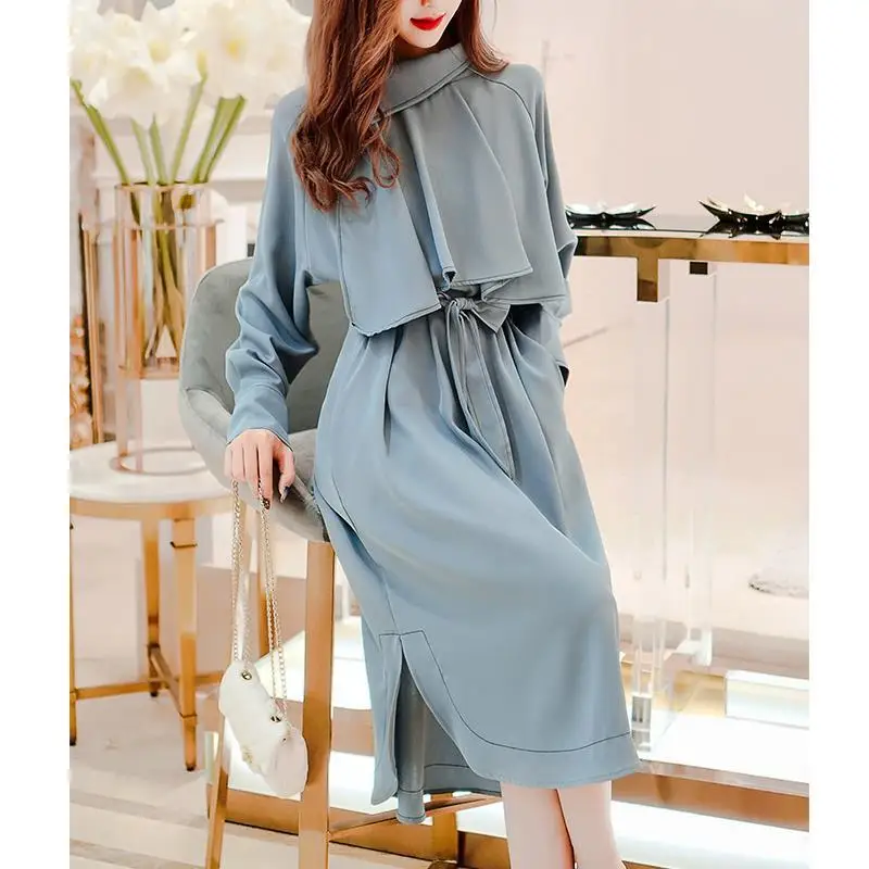 

2022 New Spring Autumn Women Dresses Fashion Casual Long Sleeve Elegant Solid V-neck Woman Long Elegant A Line Dresses R54