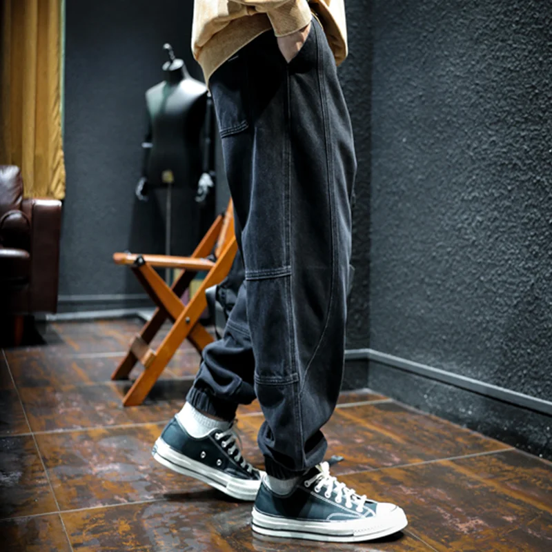 Men Clothing Autumn and Winter Straight Loose Splicing Cylinder Jeans Vintage Comfortable Black Plush Harun Trousers Female 2022