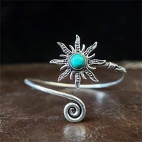 boho style inlaid turquoise sun shape open hand loop vintage style ladies silver color metal hand loop party gift jewelry