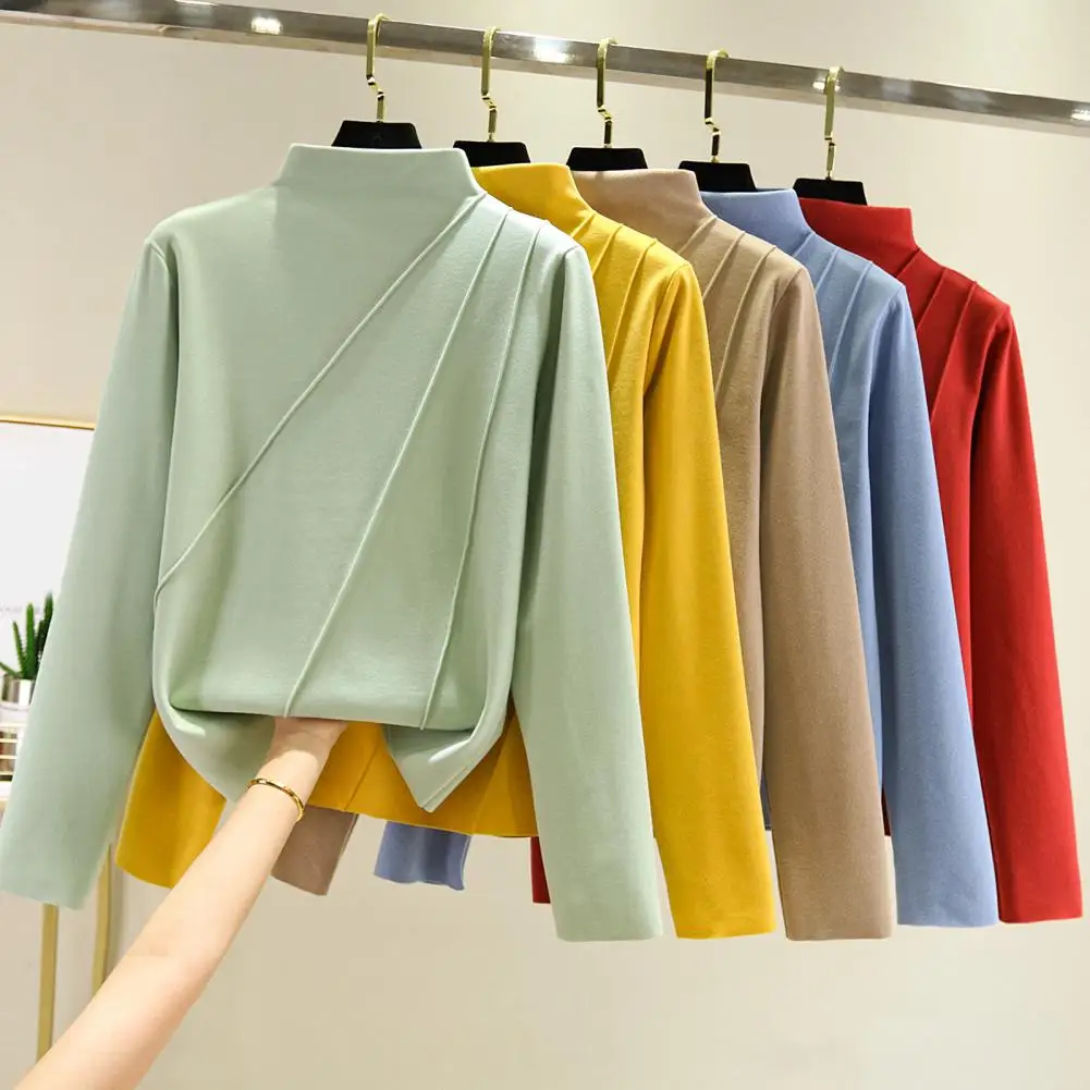 

Women T-Shirt Elastic Pullover Top Comfy Keep Warm Trendy Long Sleeve Solid Color Women Top