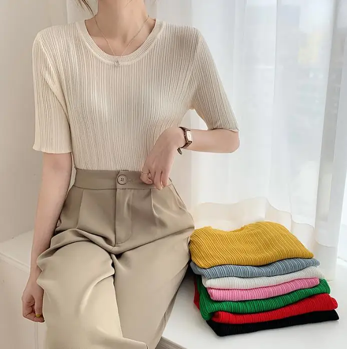 

Short sleeved summer thin solid round neck top