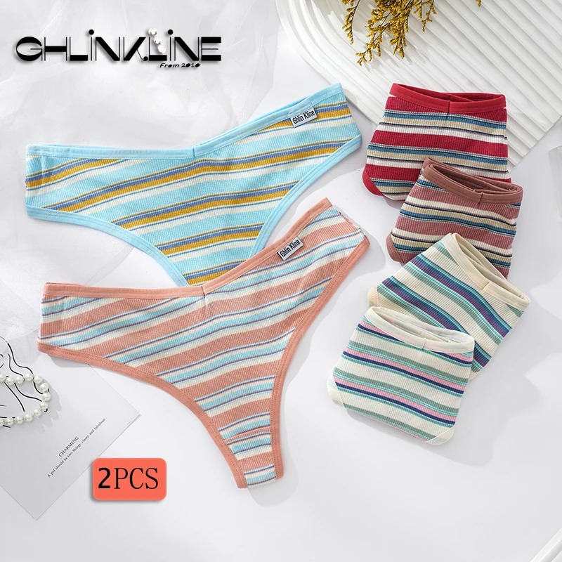 M-XXL Sexy Women G-string Panties Rainbow Stripe Cotton Thongs Underwear Pantys Low-Waist Femme Underpants Thong Lingerie