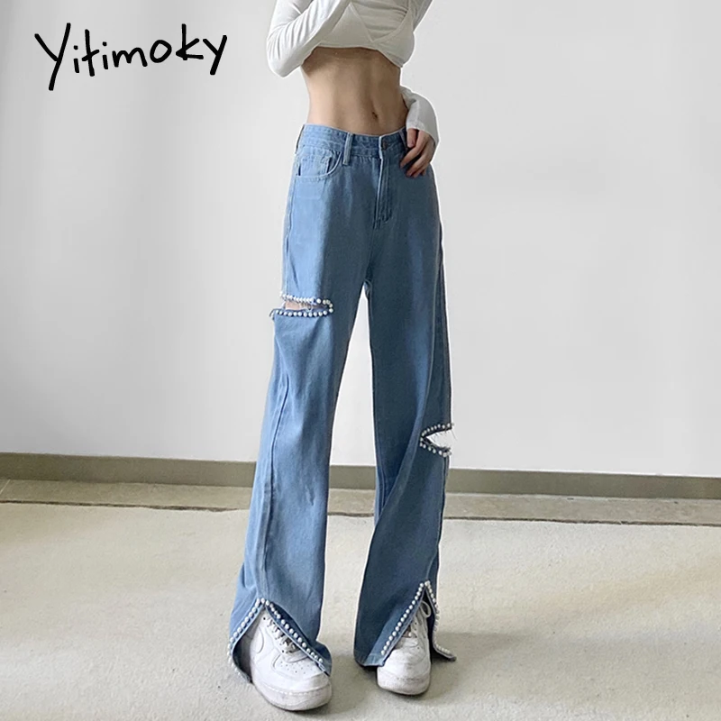 

Yitimoky Ripped Jeans Women High Waist Slit Straight Denim Mom Pants Y2k Baggy Women Blue Casual Female Cotton Hollow Out Pants