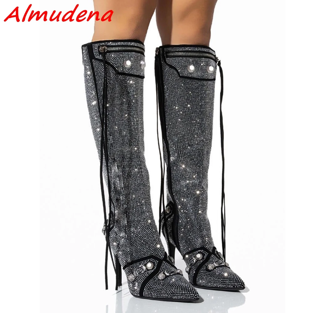 

Rhinestone Bling Knee High Boots Pointed Toe Fringe Metal Zip Stiletto Heels 2023 Spring Autumn Runway Show Fashion Women Boots