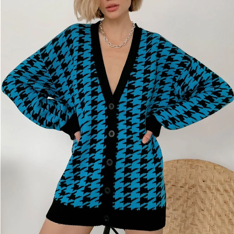 

Houndstooth Cardigan Women Casual Knitted Sweater Female Loose Knitwear Ladies Button Vintage Coat Long Sleeves Jersey Mujer