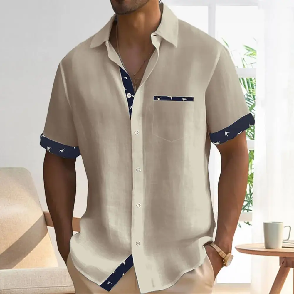 

Men Hawaii Printing Stitching Shirt Tops Lapel Male Shirt Tops Short Sleeve Patch Pocket Versatile Men Shirt Casual Shirt