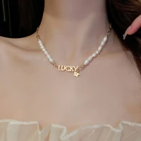 romantic simple letter lucky pearl necklace high quality 14k real gold colar choker kolye charm jewelry pendant gift