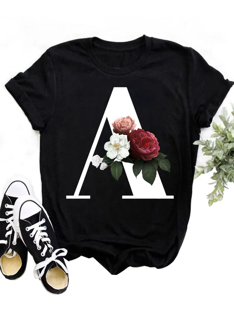 

New Women T Shirt Harajuku Flower Letters A B C D Print Short Sleeve T-Shirt Black T Shirt Female T-Shirt Women Fashion Tee Tops