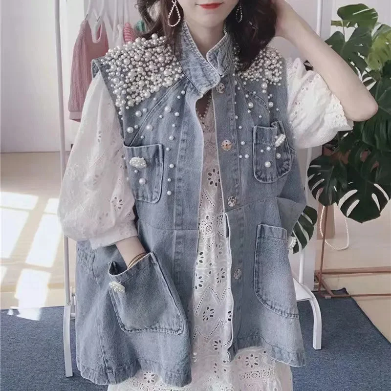 

Luxury Pearls Women Denim Vest 2023 Harajuku Loose Pocket Sleeveless Jeans Jacket Woman Summer Fashion Cowboy Waistcoat