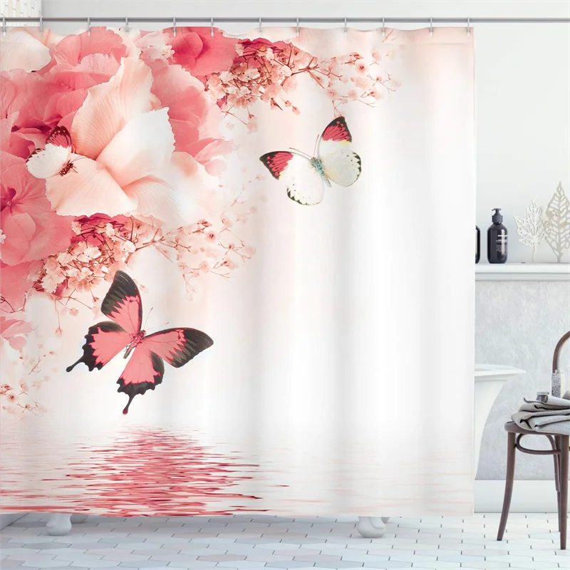 

Modern Floral Shower Curtain Liner Wild Flowers Butterflies Lily Fabric Shower Curtain Waterproof Bathroom Decor Set With Hooks
