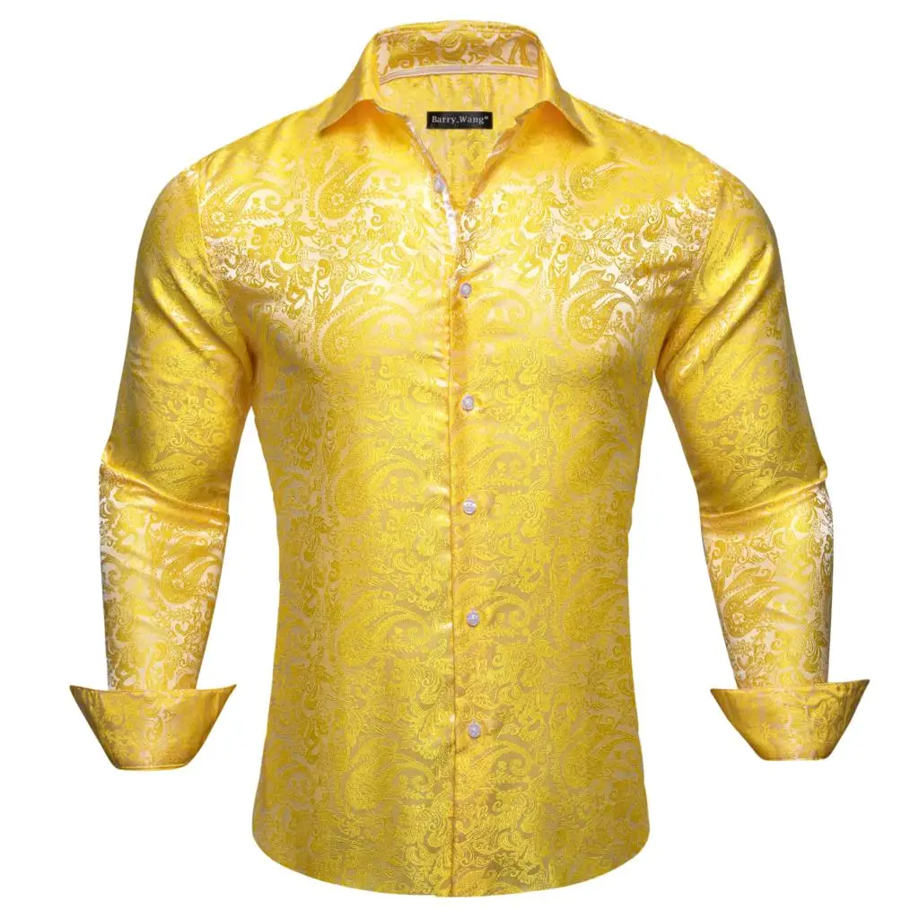 

Luxury Shirts for Men Silk Gold Paisley Long Sleeve Slim Fit Male Blouses Breathable Lapel Tops Casual Spring Autumn Barry Wang