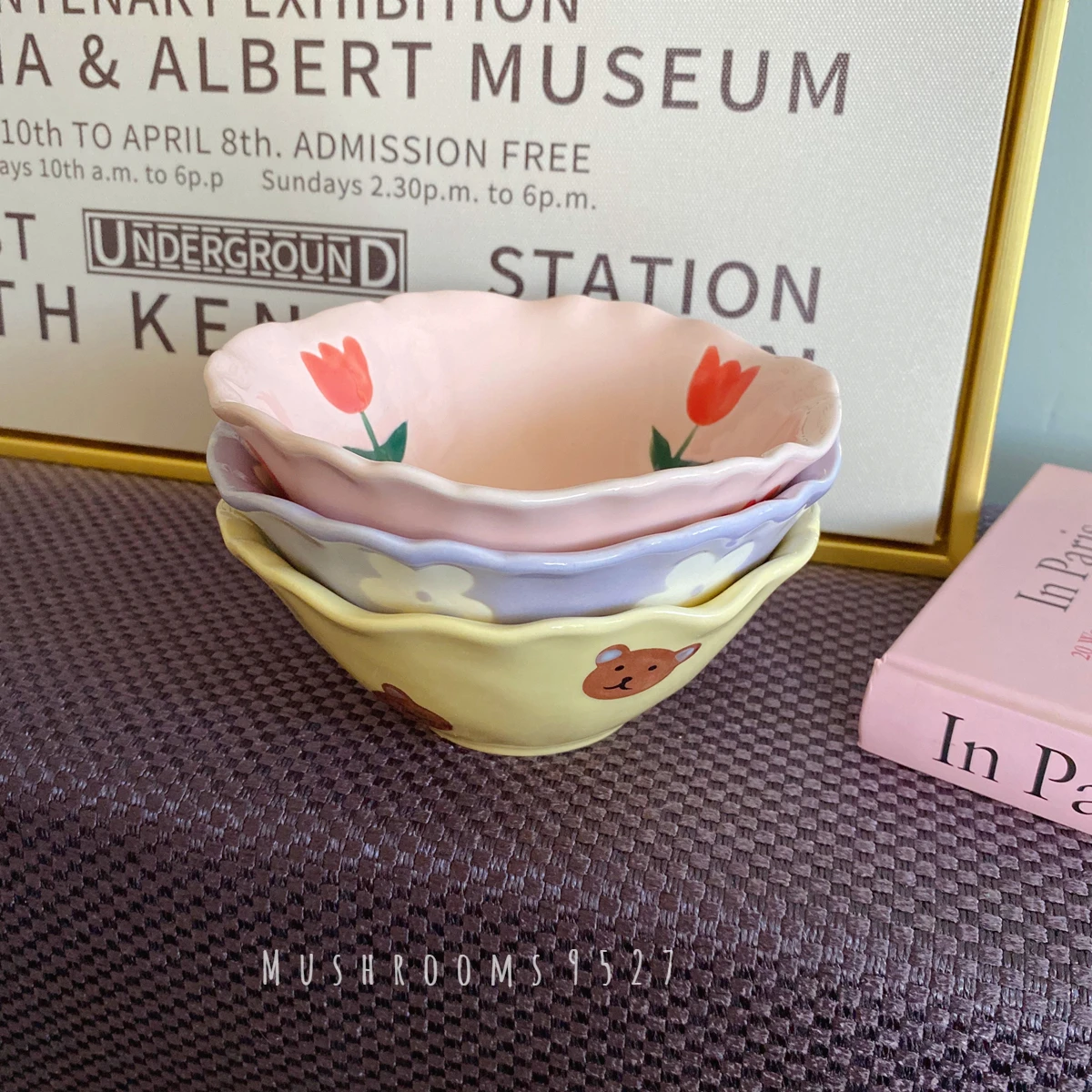 

Mushrooms 9527 Korean Niche Hand-kneaded Bowl Retro Irregular Pink Tulip Flower Bear Hand-painted Ceramic Salad Rice Bowl