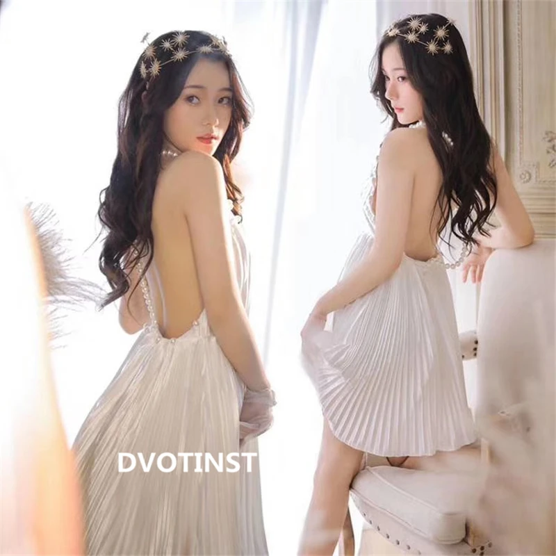 Dvotinst Women Photography Props Maternity Dresses Pregnancy Pearl Sexy Performance White Dress Studio Photoshoot Photo Clothes enlarge
