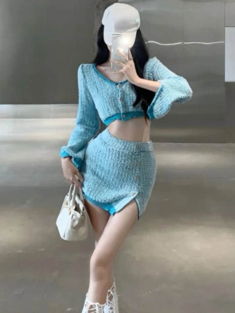

Autumn Winter Sweet Knitted Two Piece Outfits Women Korean Long Sleeve Short Sweater Cardigan Split Skirt Suits Slim 2 Piece Set