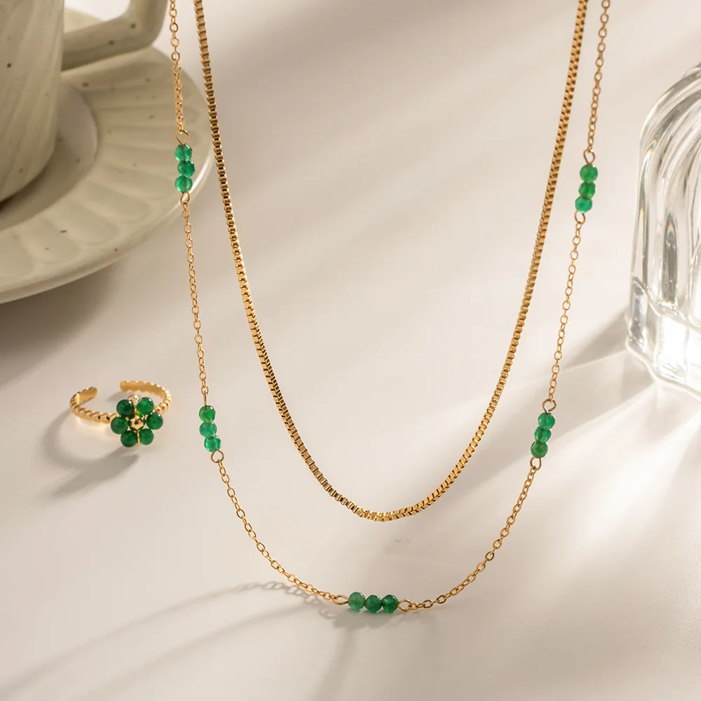 

Simple Natural Stone Double Chain Stainless Steel 18k Gold Color Necklace Women Romantic Exquisite Valentine's Day Jewelry