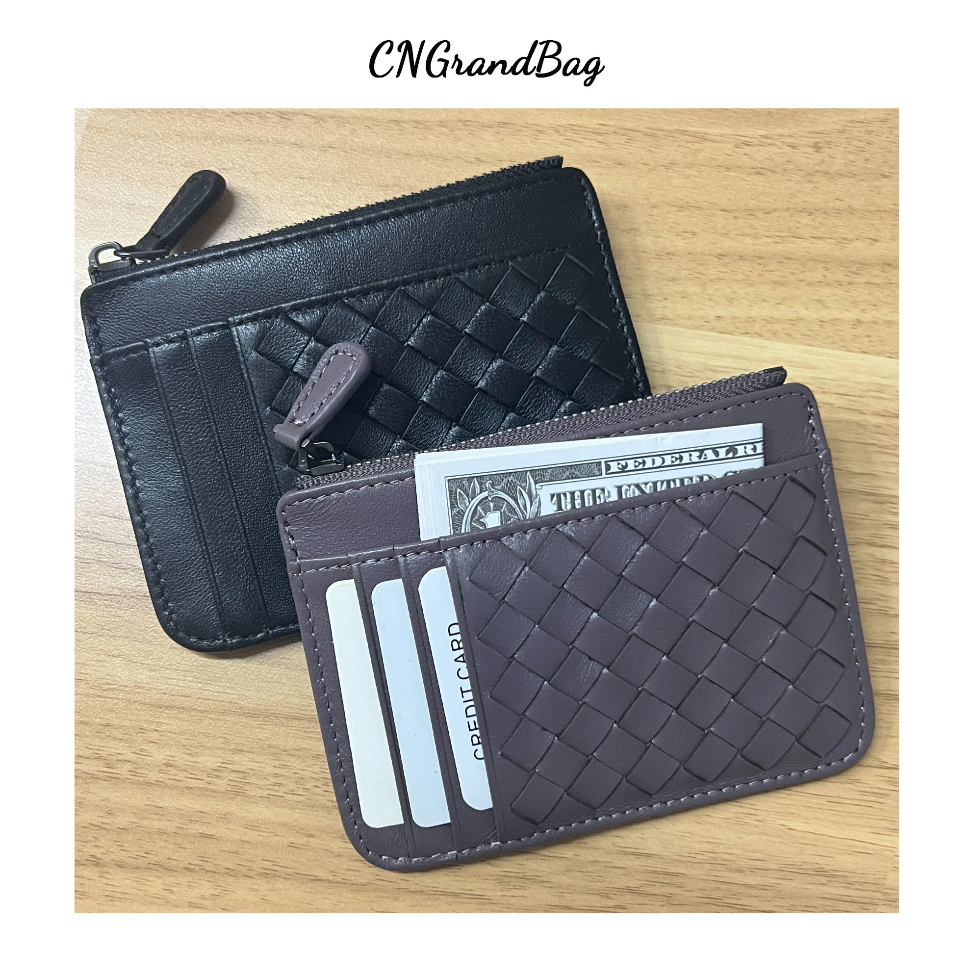 Sheep Skin Genuine Leather Woven Holder Women's Lambskin Zipper Purse Brand Men's Card Holder Ultra-Thin Fold Wallet Coin Pocket