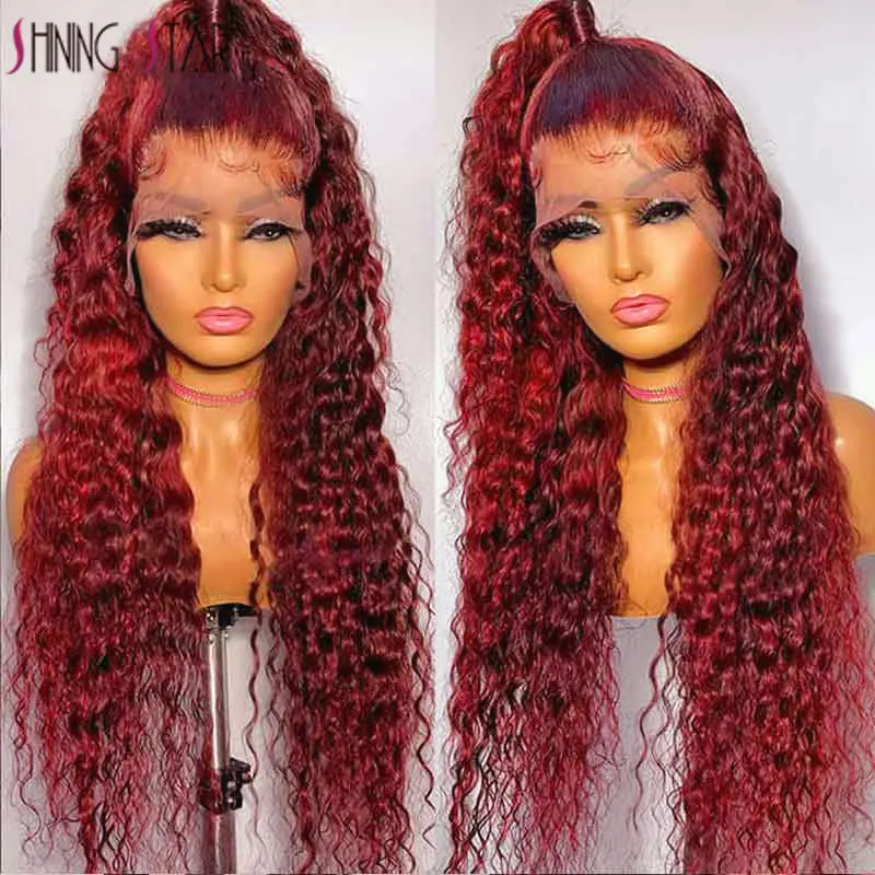 

Бордовый парик на сетке спереди, человеческие волосы, цветные Свободные глубокие волнистые 13X4 HD, на сетке спереди, передние парики 99J, красные бразильские вьющиеся человеческие волосы, парики