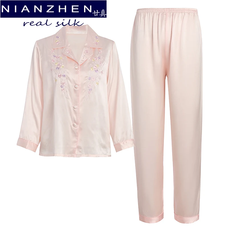 

Пижамный комплект NIANZHEN из 100% натурального шелка, новинка 2022, рубашка с вышивкой и длинные брюки, одежда для сна, шелковая домашняя одежда для...