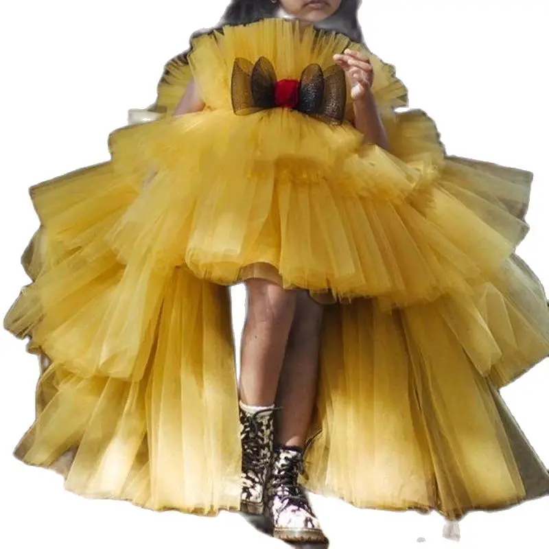 

Yellow Hi-Lo Flower Girl Dresses Tulle Tiers Lilttle Kids Ball Gown Birthday Pageant Weddding Gowns for Girls