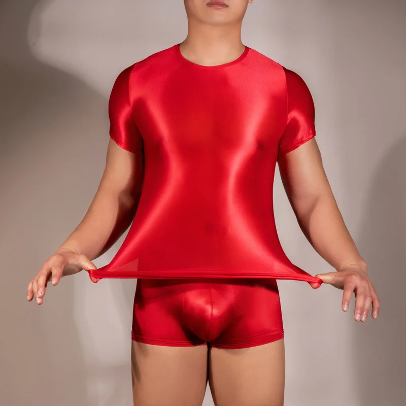Glossy See Through Mens T-shirt Top Shiny Short Sleeve Gym Yoga Sport Tight Sheer Sportwear Party Clubwear