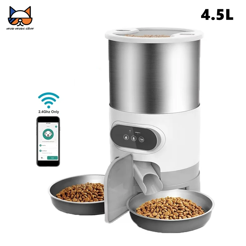 Automatic Pet Feeder 4.5L Double Staiinless Steel Bowls Smart APP Food Dispenser with Timing Feeding for Cats & Dogs