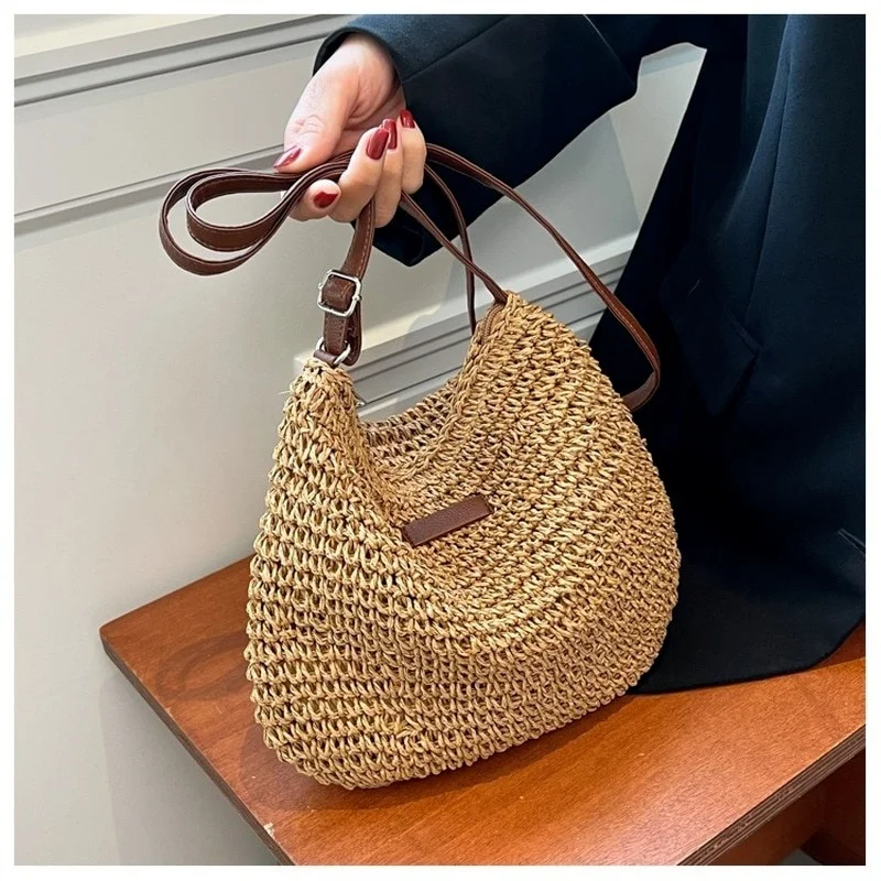 

Summer Straw Crossbody Bags for Women Beach Vacation Woven Shoulder Bags Small Handbags Pure Color Casual Ladies Messenger Bags