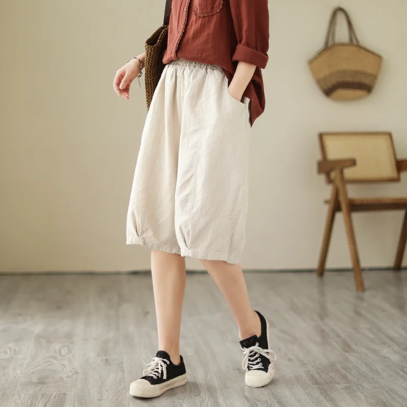Cotton Linen Capris Elastic Waist Trousers Casual Loose Shorts Women Solid High Waist Pocket Wide Leg Pants 2023 Summer New