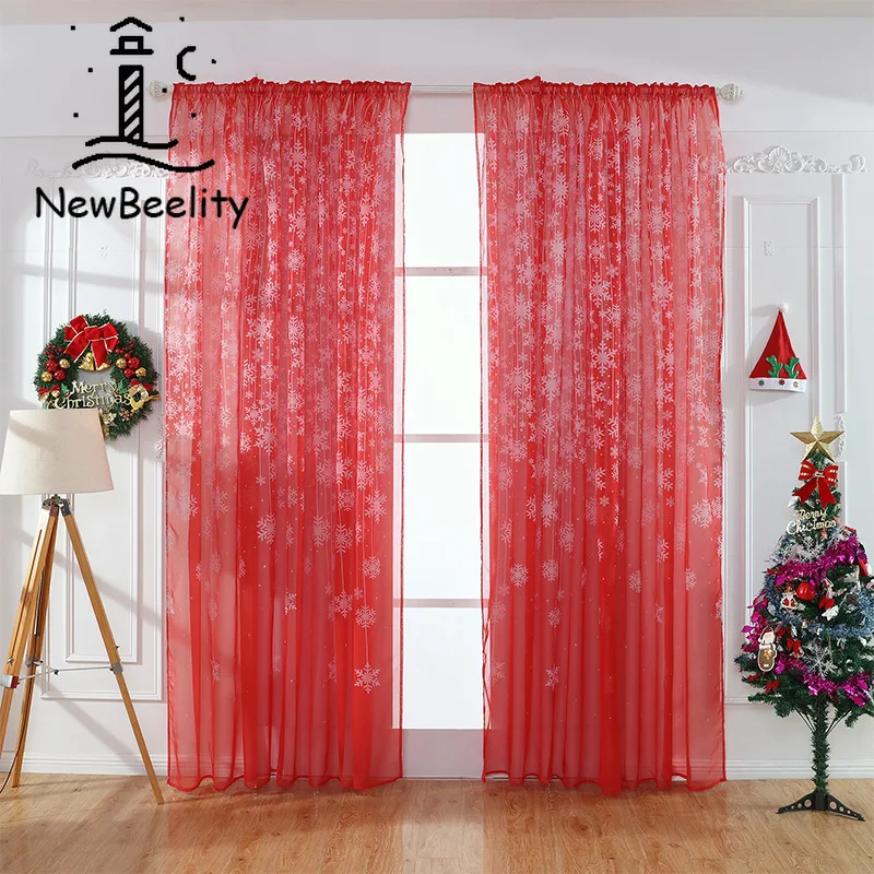 

Modern Curtains for Living Dining Room Bedroom Christmas Window Screen Snowflake Print Tulle French Window Pink Tulle