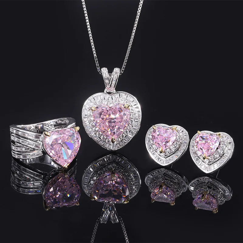 

S925 Стерлинговое Серебро Роскошный кулон в форме сердца из высокоуглеродистого бриллианта с розовым кристаллом ожерелье кольцо с ушками женские ювелирные изделия