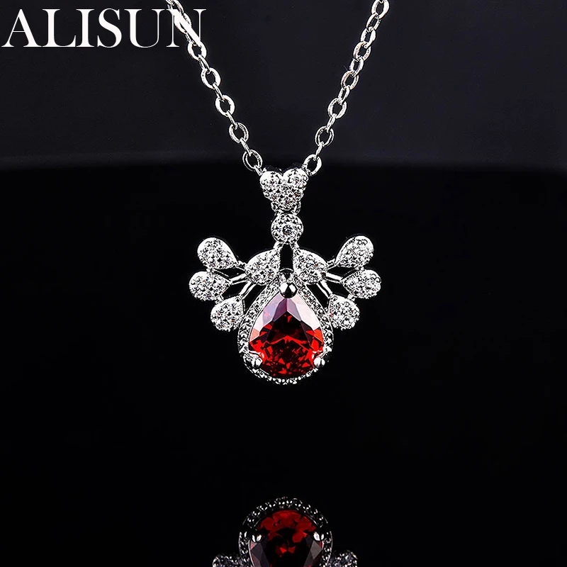 Купи ALISUN 925 Sterling Silver Water Drop Pendant Necklace Red AAA Zircon for Women Fashion Wedding Engagement Jewelry за 431 рублей в магазине AliExpress