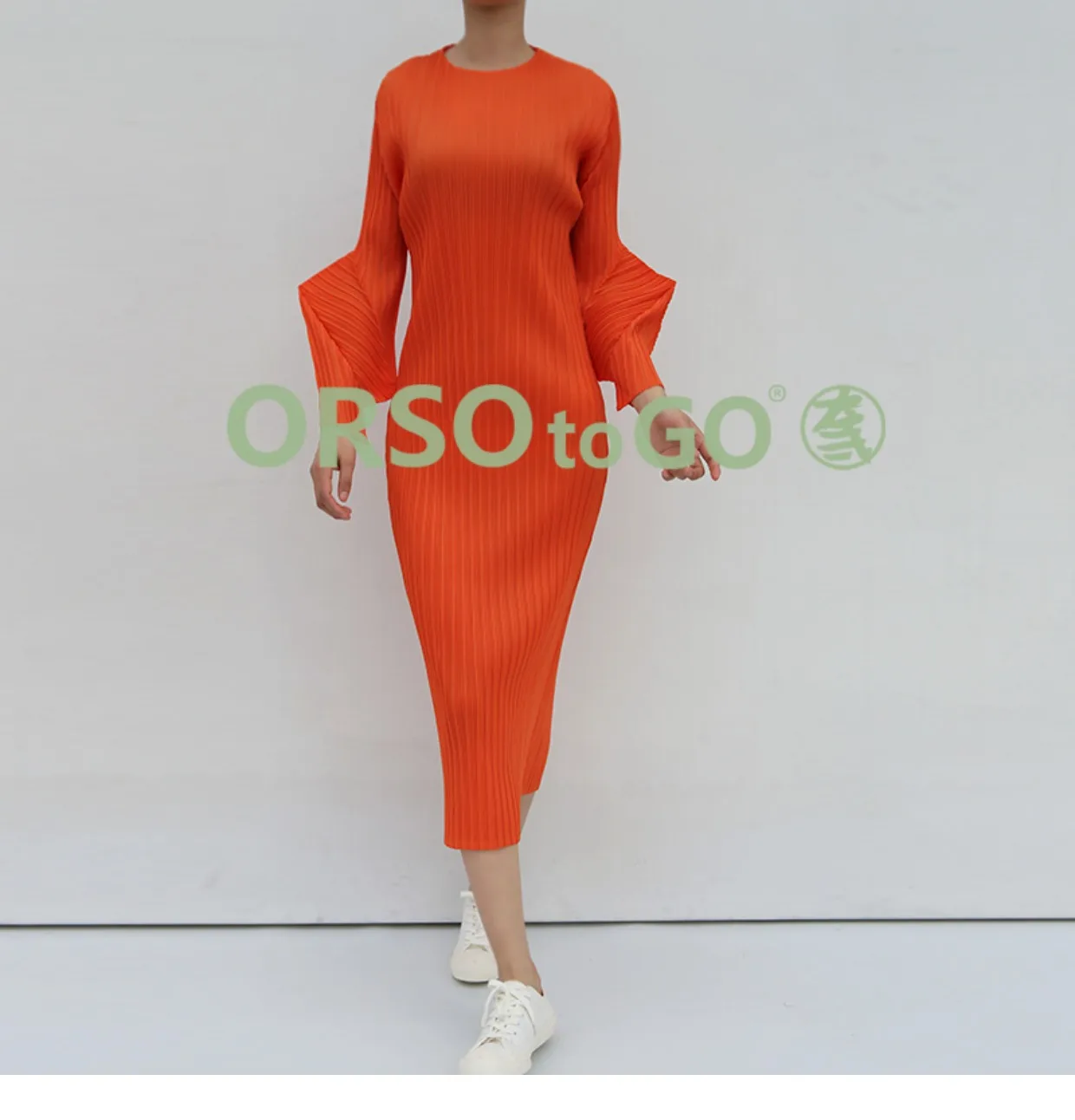 HOT SELLING Miyake Fashion fold o-neck long sleeve SOLID Twist sleeves dress IN STOCK