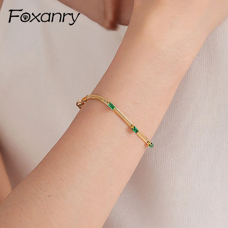 Женский браслет Foxanry с зелеными фианитами золотистого цвета