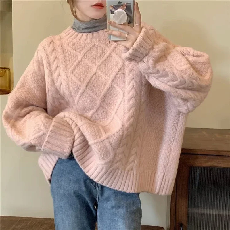 

Vintage Korean Fashion Pullovers Women Streetwear Twist Pattern O-neck Long Sleeve Sweaters Gentle Warm Lazy Loose-fit Knit Tops