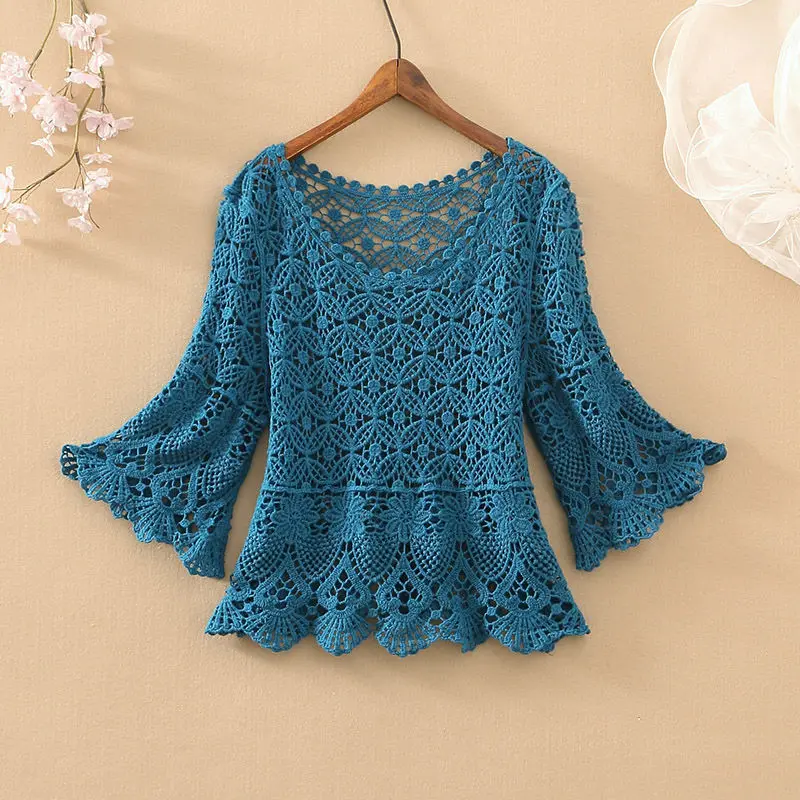 

2022 Women Summer Korean Fashion Lace Tops Female Crochet Hollow Five-point Sleeve Tops Ladies Sweater O-neck Knit Pullovers W29