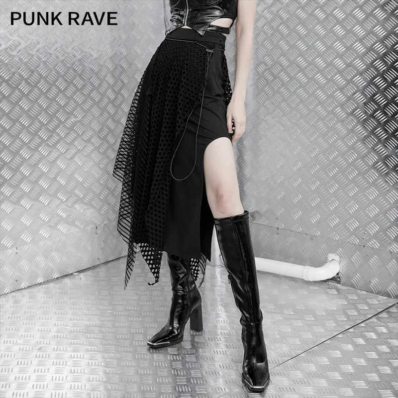 

PUNK RAVE Girl's Punk Black Irregular A-line Half-length Skirt All-match Fashion Black Net Plaid Symmetrical Skirts