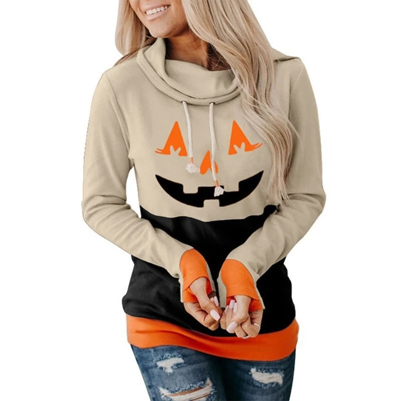 

Womens Halloween Fashion Hoodies Pumpkin Printed Long Sleeve Cowl Neck Drawstring Loose Sweatshirts Pullover Tunic Drop Shipping