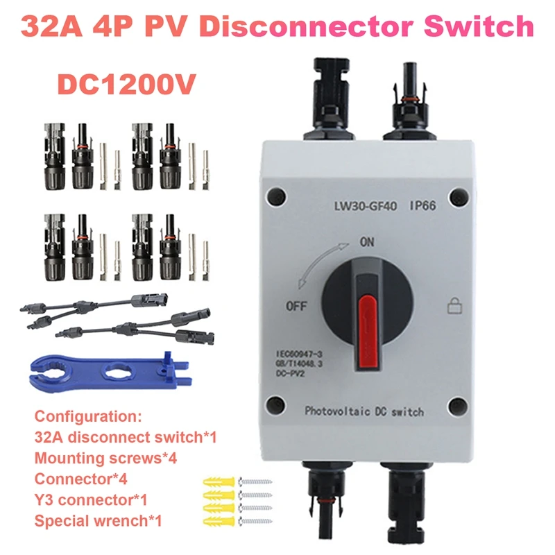 

ABHG 32A 4P PV Disconnector Switch+Connector+Y3 Connector+Wrench DC1200V GF40 Outdoor IP66 Waterproof Rotary Switch For Solar