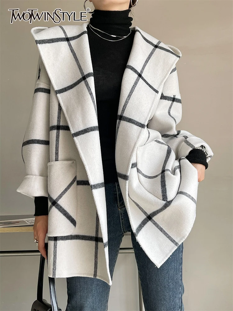

TWOTWINSTYLE Hooded Collar Coat Female Long Sleeve Hit Color Patchwork Plaid Fashion Casual Coats For Women Autumn Clothing 2022