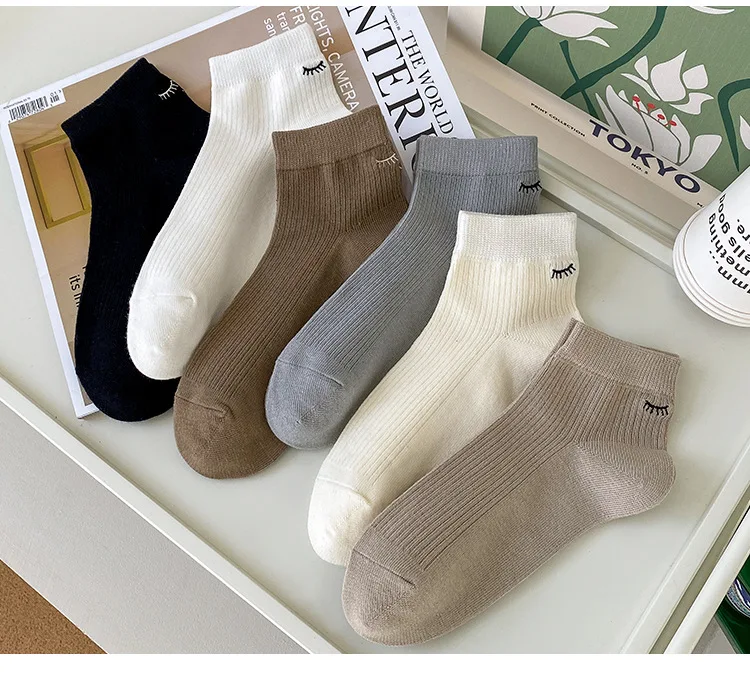 

Simple Eyelash Pattern Embroidery Women Socks 2023 New Spring Summer Japanese Style Fashion Short Sock Cotton Girls Sox 10 Pairs
