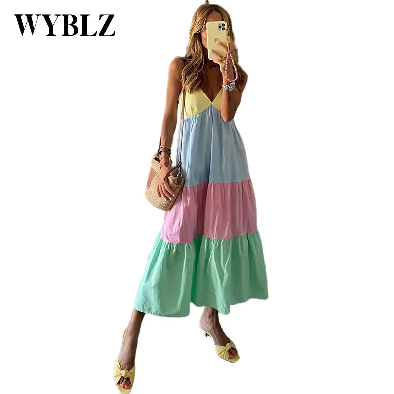 

WYBLZ New Sexy V-Neck Sling Maxi Dress Colorful Print Patchwork Sleeveless Vintage Beach Dresses Lady Casual Loose Dress Vestido