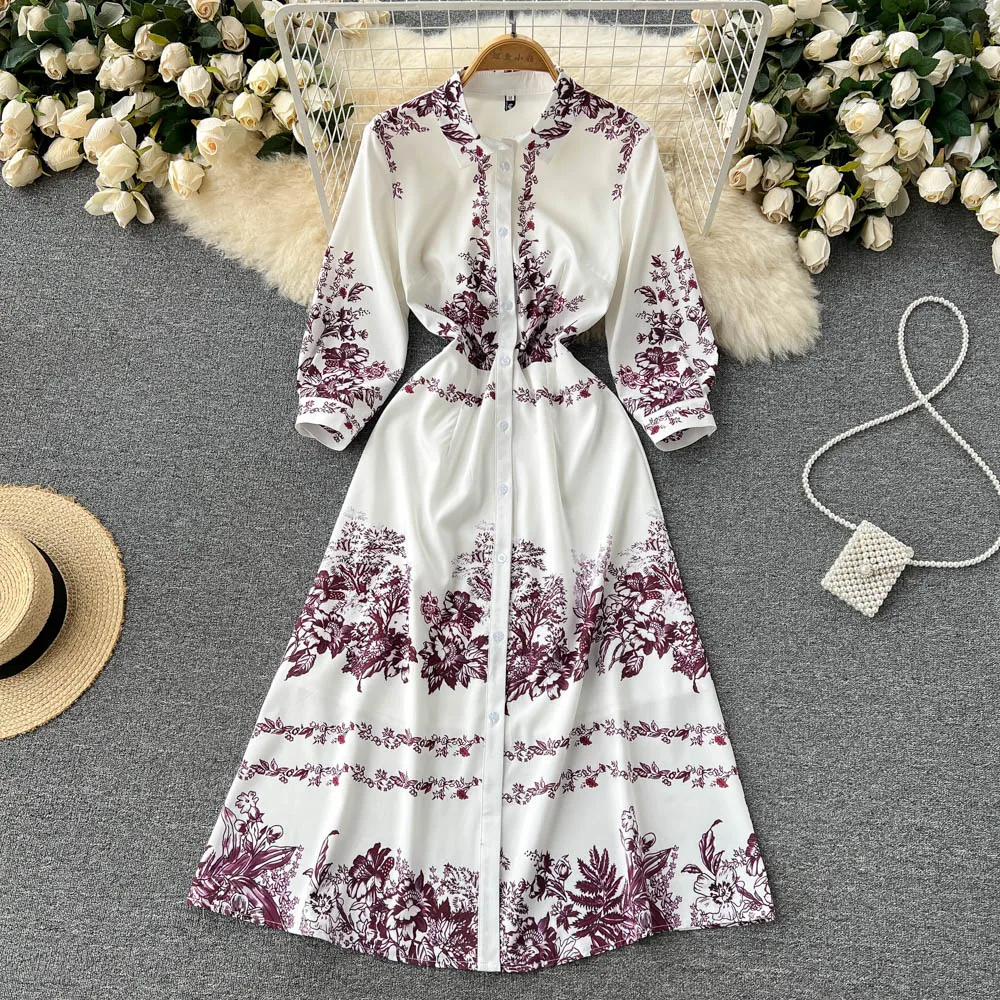 

VANOVICH 2022 Spring New French Style Sweet Design Chiffon Floral Print Dress Women's Long Sleeve Slim A-LINE Ankle-Length Dress