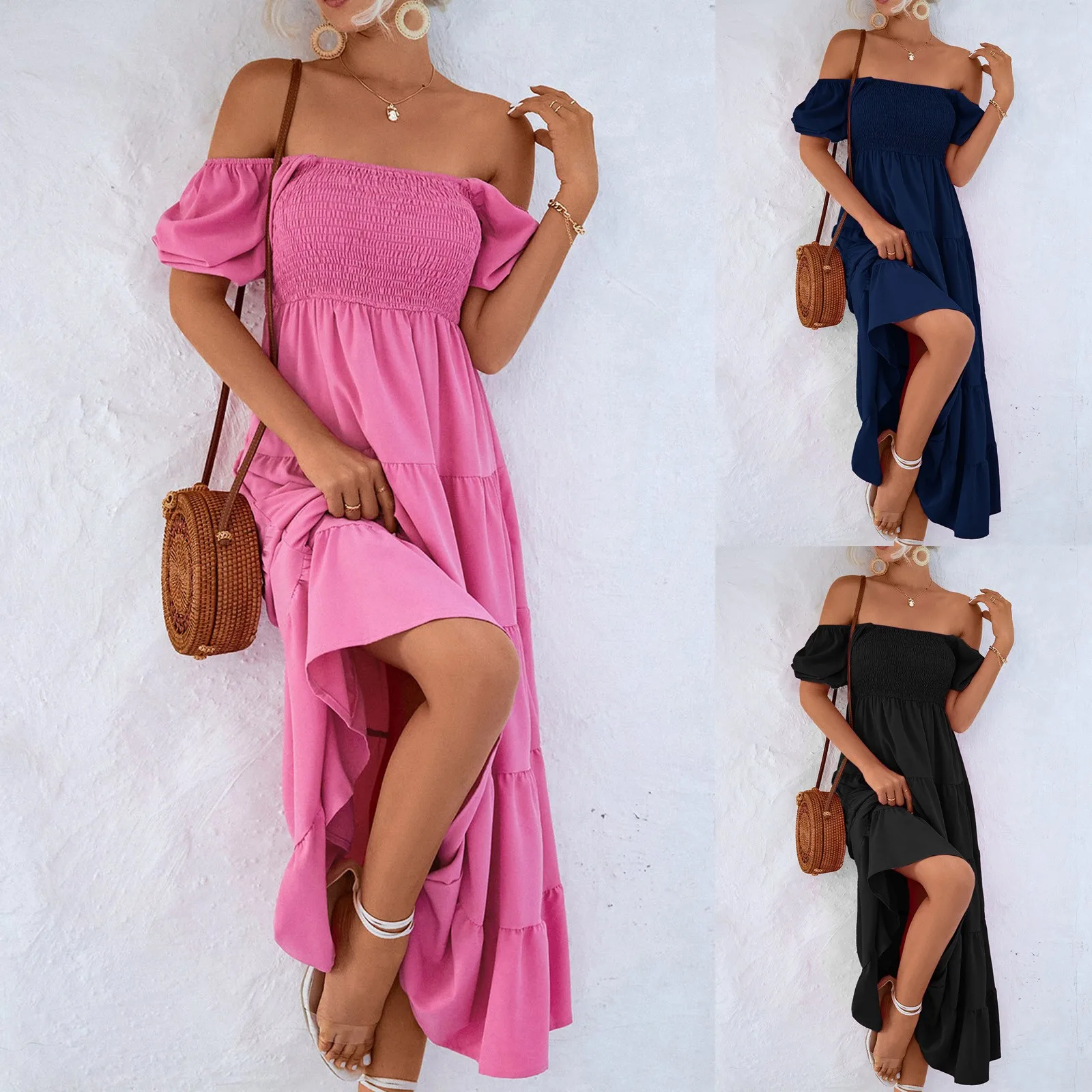 

Elegant Long Dresses For Women 2023 Fashion Casual Solid Color Square Neck Puff Sleeve Dress vestidos de mujer casual baratos