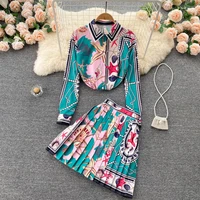 runway fashion luxury vintage print long sleeve buttons up shirt topshigh waist pleated mini skirt two piece set for women 2022