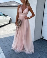 summer women halter backless crochet lace mesh prom dress 2022 elegant femme maxi lady evening party vestidos clothing traf