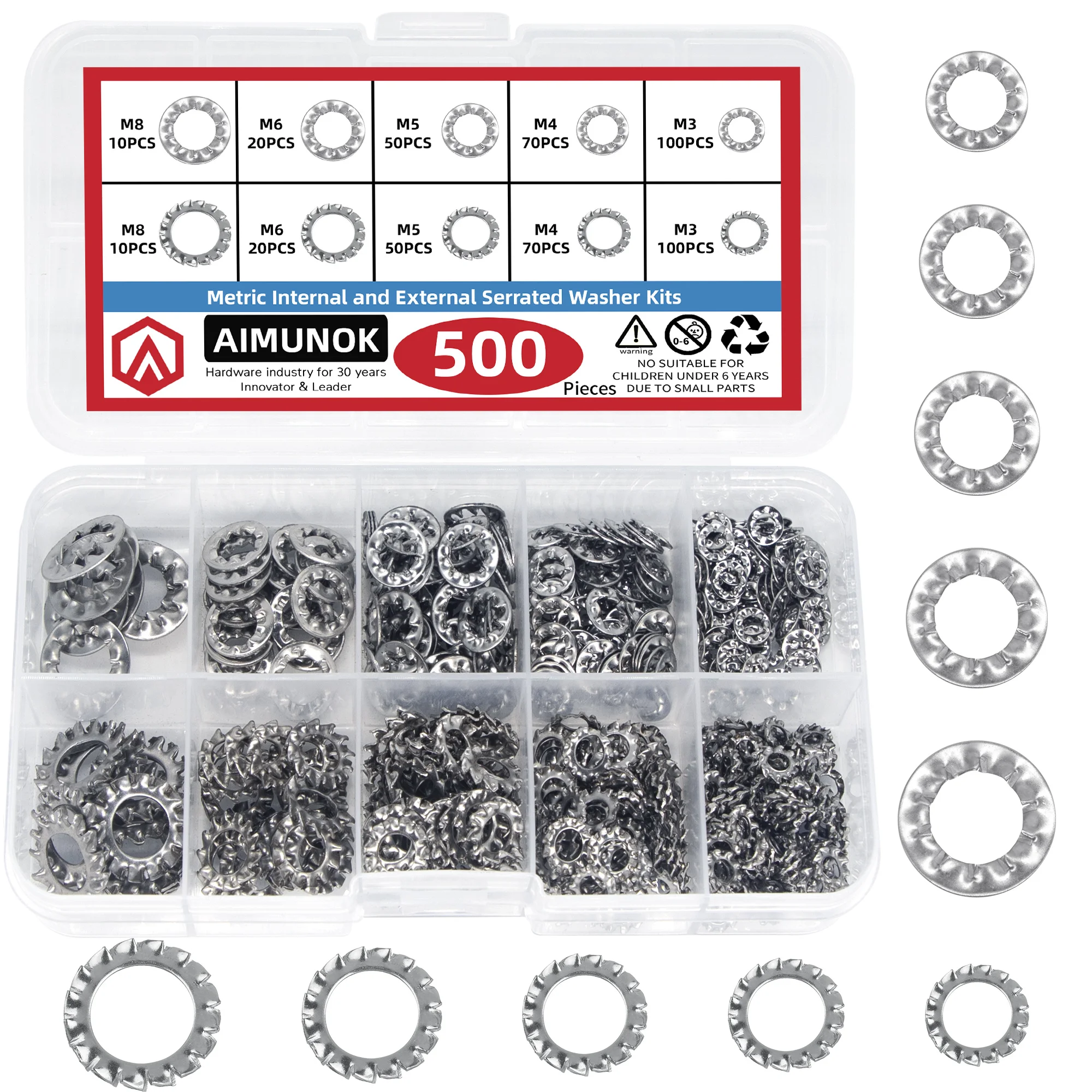 500 шт. метрические комплекты с внутренними и внешними зубчатыми шайбами M3 M4 M5 M6 M8