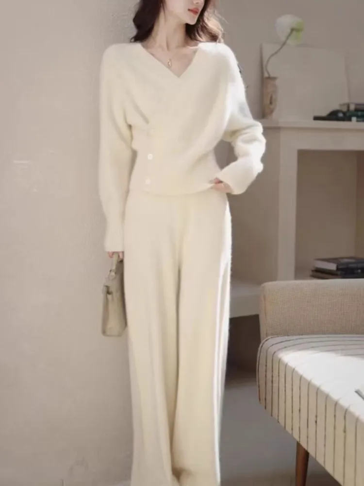 Однотонный вязаный свитер костюмы из 2 предметов для женщин модные блузки топы и