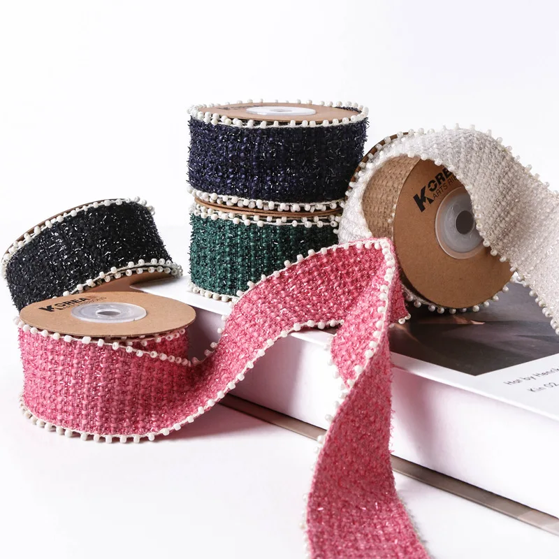 40mm Tweed Cotton Knitted Glitter Ribbon With Beads for DIY Make Bowknots Kids Hair Accessories Material Collar Handmade Crafts