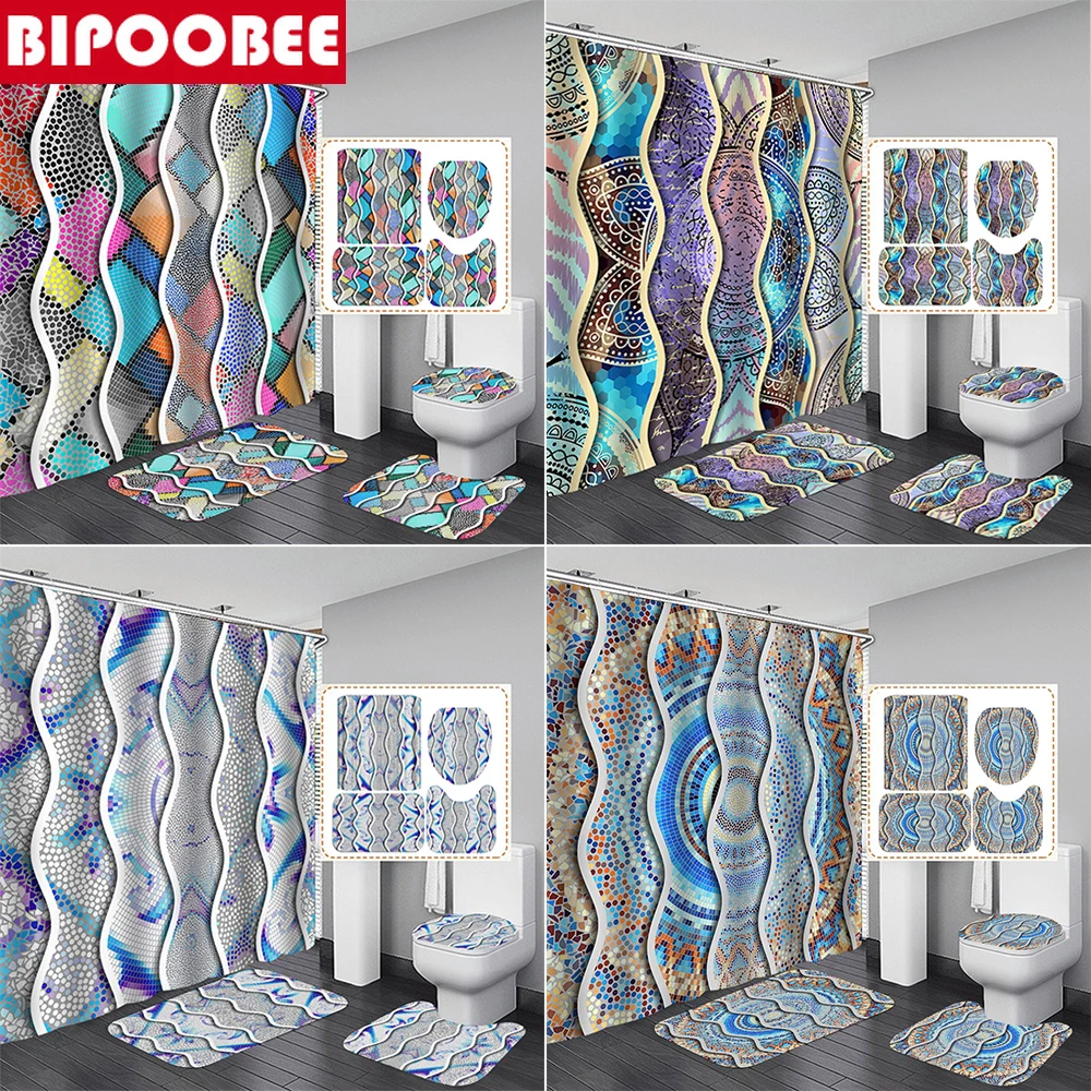 

Bohemian Wavy Stripes Shower Curtains Waterproof Polyester Bathroom Curtain Toilet Cover Non-slip Carpet Bath Mat Home Decor
